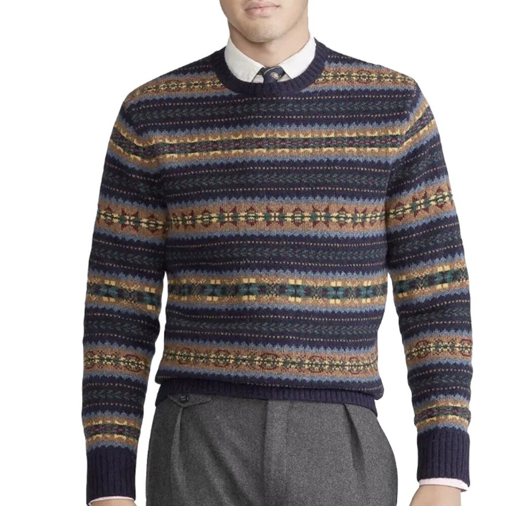 NEW $225 Polo Ralph Lauren Sweater!  Navy & Tan Fair Isle  Slimmer Fit V Neck